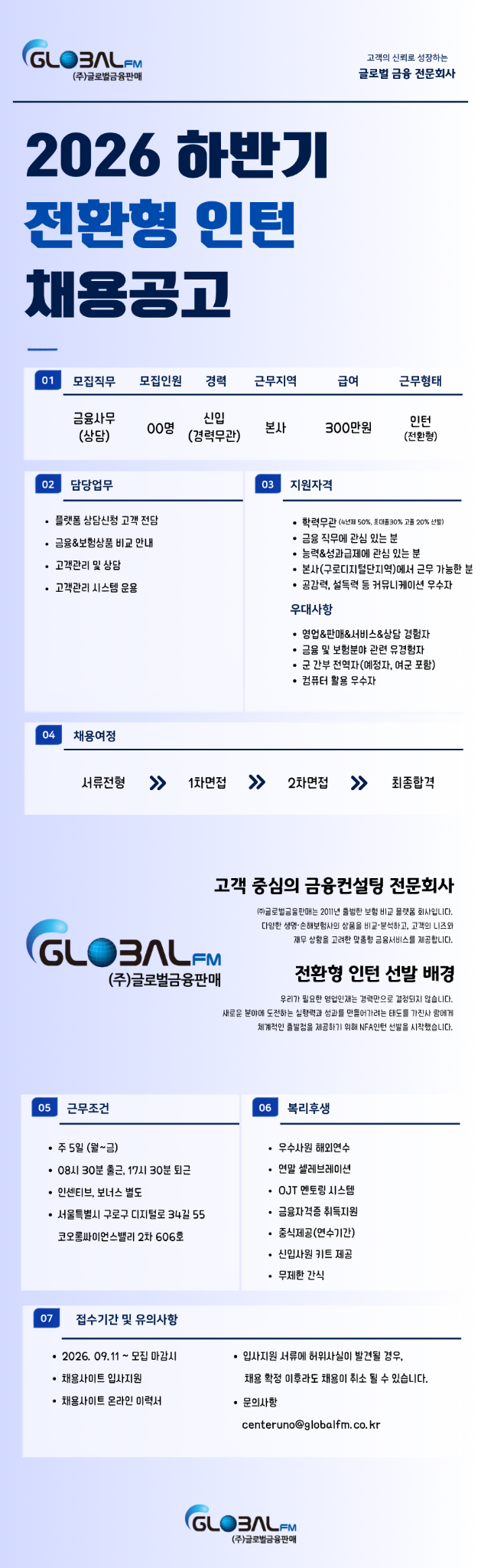 글로벌금융판매 2026 하반기 전환형 인턴 채용공고. 금융사무 상담, 신입 경력무관, 급여 300만원, 본사근무. 상세 조건은 공고 원문 참조.